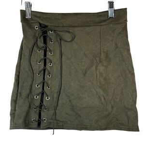 Y2K‎ Vestidos Olive Green Mini Skirt Faux Suede Lace Up M Goblincore Festival